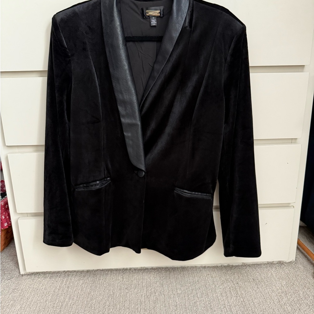 Greylin Black Velvet Blazer with Black Leather Lapel